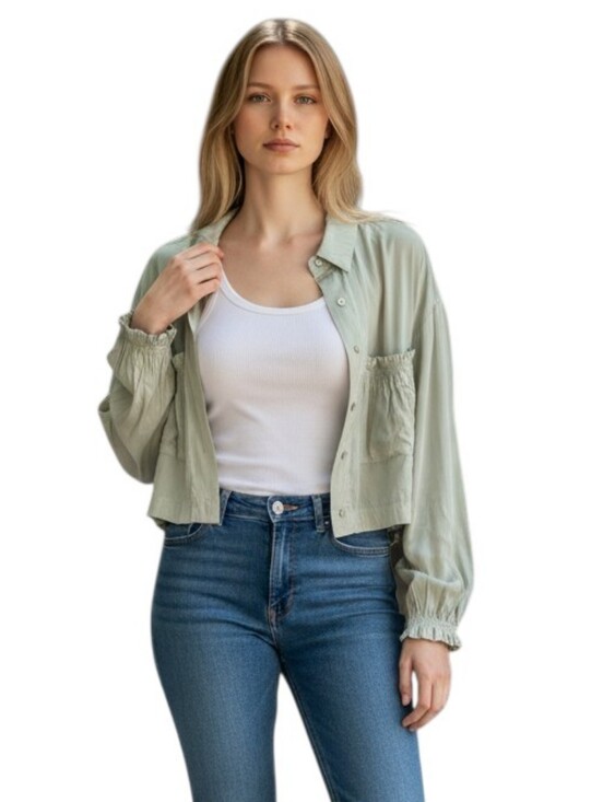 Amanda Jackets & Blazers - Cropped Sage Green Utility Blouse Drawstring Cinch Hem Shacket Size Medium